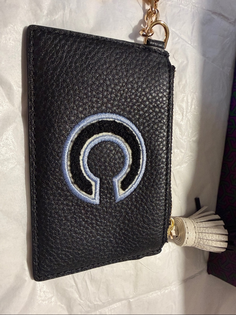 Tory Burch Black Leather Zip Card Case with 'C' Initial and Tassel Keychain - Picture 5 of 5